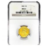 1868 $3 Gold Piece NGC MS61