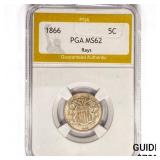 1866 Shield Nickel PGA MS62 Rays