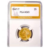 1847/7 $5 Gold Half Eagle PGA MS65