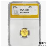 1874 Rare Gold Dollar PGA MS66 Planchet Flaw