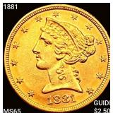 1881 $5 Gold Half Eagle LIGHTLY CIRCULATED+