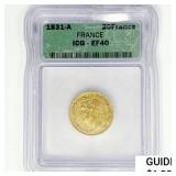 1831-A France .1867oz Gold 20 Francs ICG EF40