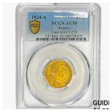 1824-A France 20 Francs .1867oz. Gold PCGS AU50
