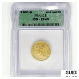 1831-A France .1867oz Gold 20 Francs ICG EF40