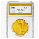 1908 $20 Gold Double Eagle PGA MS65 No Motto