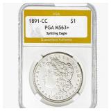 1891-CC Morgan Silver Dollar PGA MS63+ Spitting