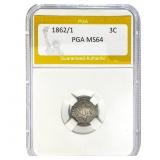 1862/1 3 Cent Silver PGA MS64