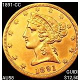 1891-CC $5 Gold Half Eagle CHOICE AU
