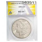 1881-S Morgan Silver Dollar ANACS MS64