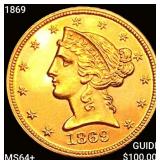 1869 $5 Gold Half Eagle CHOICE BU+