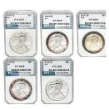 1994-2013 [5] $1 Silver Eagles PCI MS70