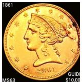 1861 $5 Gold Half Eagle CHOICE BU