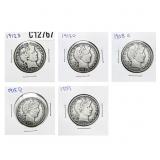 1908-1915 Barber Half Dollar Lot [5 Coins] Avg Cir