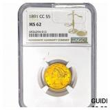 1891-CC $5 Gold Half Eagle NGC MS62