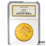 1874-CC $20 Gold Double Eagle NGC AU58