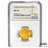 1930 B Switzerland .186oz Gold 20 Francs NGC MS64