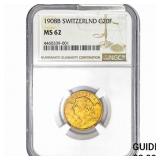 1908 B Switzerland .186oz Gold 20 Francs NGC MS62