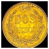 1945 Mexico Gold 2 Pesos SUPERB GEM BU
