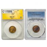 [2 Coins] 1909 VDB Wheat Cent ANACS/PCGS MS65