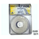 1934-D Mercury Silver Dime ANACS MS64