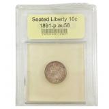 1891-P Seated Liberty Dime USCG AU58