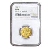 1861 $5 Gold Half Eagle NGC AU53 Rive d
