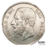 1869 Belgium Silver 5 Francs CLOSELY UNCIRCULATED