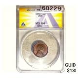 1909 Wheat Cent ANACS MS64 VDB BRN