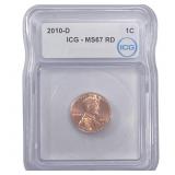 2010-D Union Shield Lincoln Cent ICG MS67 RD