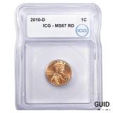 2010-D Union Shield Lincoln Cent ICG MS67 RD