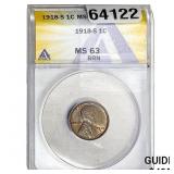 1918-S Wheat Cent ANACS MS63 BRN