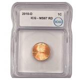 2010-D Union Shield Lincoln Cent ICG MS67 RD