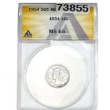 1934 Mercury Silver Dime ANACS MS65