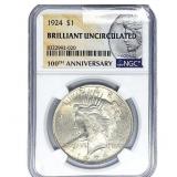 1924 Silver Peace Dollar NGC Brilliant UNC