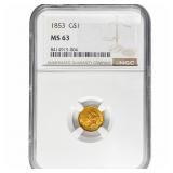 1853 Rare Gold Dollar NGC MS63