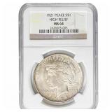 1921 Silver Peace Dollar NGC MS64 High Relief