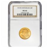 1927B Switzerland .1867oz Gold 20 Francs NGC MS66