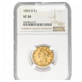 1859-D $5 Gold Half Eagle NGC VF30