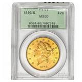 1893-S $20 Gold Double Eagle PCGS MS60