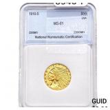 1910-S $5 Gold Half Eagle NNC MS61