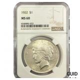 1922 Silver Peace Dollar NGC MS60