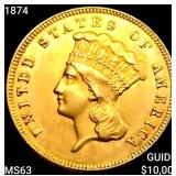 1874 $3 Gold Piece CHOICE BU