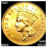 1863 $3 Gold Piece CHOICE BU