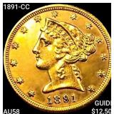 1891-CC $5 Gold Half Eagle CHOICE AU