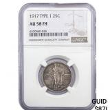 1917 T1 Standing Liberty Quarter NGC AU58 FH