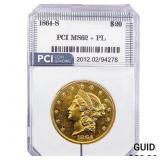 1864-S $20 Gold Double Eagle PCI MS62+ PL