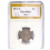1913-D Buffalo Nickel PGA MS64+ Type 2