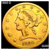 1860-D $5 Gold Half Eagle NEARLY UNCIRCULATED