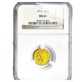 1911 $2.50 Gold Quarter Eagle NGC MS61
