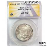 1936-D Rhode Island Half Dollar ANACS MS63